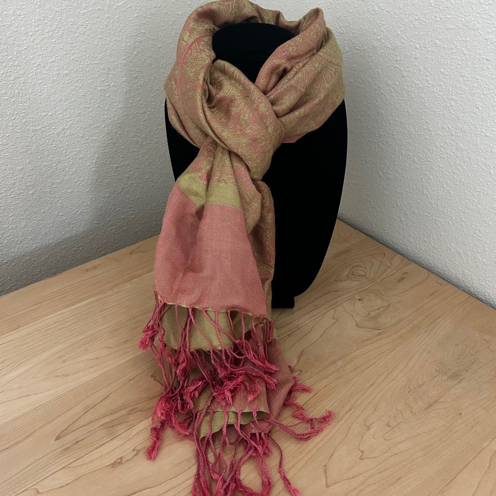 Pashmina Silk Scarf Paisley Floral Fringe Pink Olive Green 72x28 Winter Luxury